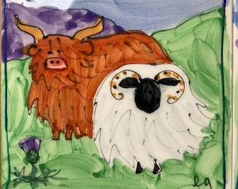 Handgeschilderde tegel Highland Cow & Sheep - 6" Klaar om op te hangen