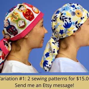 Puede incluir: Dos patrones de costura para gorros quir&uacute;rgicos. Un patr&oacute;n presenta un dise&ntilde;o colorido de mu&ntilde;ecas rusas, el otro tiene un patr&oacute;n floral con flores azules, amarillas y blancas. Variaci&oacute;n #1: 2 patrones de costura por $15.00 &iexcl;Env&iacute;ame un mensaje de Etsy!