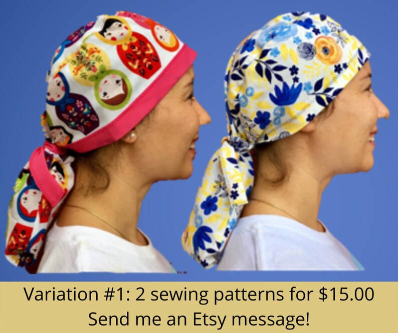 Puede incluir: Dos patrones de costura para gorros quir&uacute;rgicos. Un patr&oacute;n presenta un dise&ntilde;o colorido de mu&ntilde;ecas rusas, el otro tiene un patr&oacute;n floral con flores azules, amarillas y blancas. Variaci&oacute;n #1: 2 patrones de costura por $15.00 &iexcl;Env&iacute;ame un mensaje de Etsy!