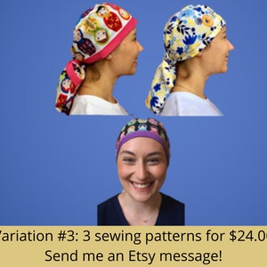 Puede incluir: Tres patrones de costura diferentes para gorros quir&uacute;rgicos. Los patrones presentan una variedad de estampados coloridos, incluyendo un dise&ntilde;o floral, un dise&ntilde;o de mu&ntilde;ecas rusas y un dise&ntilde;o caprichoso con c&iacute;rculos coloridos. El texto "Variaci&oacute;n #3: 3 patrones de costura por $24.00 &iexcl;Env&iacute;ame un mensaje de Etsy!" se muestra en la parte inferior de la imagen.