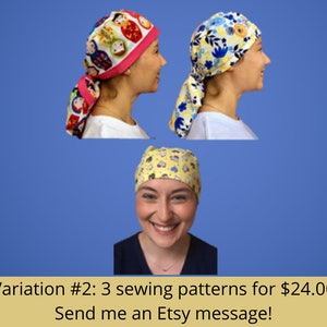 Puede incluir: Tres patrones de costura diferentes para gorros quir&uacute;rgicos. Los patrones presentan una variedad de dise&ntilde;os coloridos, que incluyen un patr&oacute;n de mu&ntilde;eca rusa, un patr&oacute;n floral y un patr&oacute;n amarillo con animales de dibujos animados. El texto "Variaci&oacute;n #2: 3 patrones de costura por $24.00 &iexcl;Env&iacute;ame un mensaje de Etsy!" se muestra en la parte inferior de la imagen.