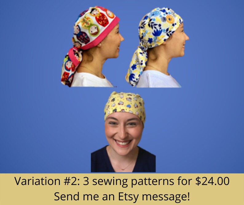 Puede incluir: Tres patrones de costura diferentes para gorros quir&uacute;rgicos. Los patrones presentan una variedad de dise&ntilde;os coloridos, que incluyen un patr&oacute;n de mu&ntilde;eca rusa, un patr&oacute;n floral y un patr&oacute;n amarillo con animales de dibujos animados. El texto "Variaci&oacute;n #2: 3 patrones de costura por $24.00 &iexcl;Env&iacute;ame un mensaje de Etsy!" se muestra en la parte inferior de la imagen.