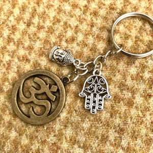 Yoga Keyring. Beautiful OM charm with Hamsa Palm and Buddha Head. Keychain. Hand made to order image 2