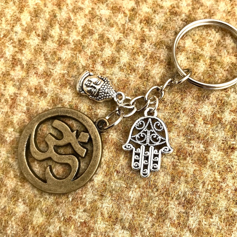 Yoga Keyring. Beautiful OM charm with Hamsa Palm and Buddha Head. Keychain. Hand made to order image 2