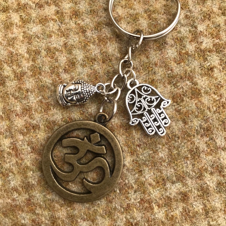 Yoga Keyring. Beautiful OM charm with Hamsa Palm and Buddha Head. Keychain. Hand made to order image 3