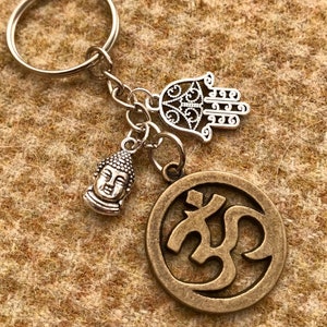 Yoga Keyring. Beautiful OM charm with Hamsa Palm and Buddha Head. Keychain. Hand made to order image 1