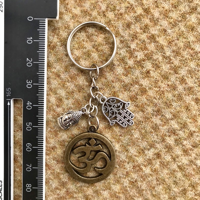 Yoga Keyring. Beautiful OM charm with Hamsa Palm and Buddha Head. Keychain. Hand made to order image 4