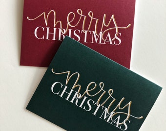 Green and Red "Merry Christmas" Card Set, Five Cards and Envelopes Included