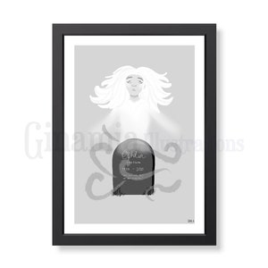 The &#39;Ophelia&#39; Print - Digital Monochromatic Art - Inktober 2023 - Original Digital Illustration - Ghost Spirit Grave - Ginamia Illustrations