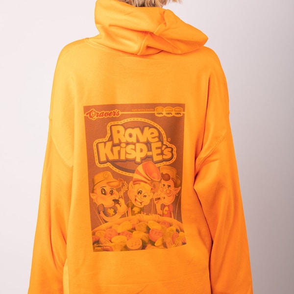 NEU Rave Krispies 90s Rave Flyer Hoodie in orange, vorne und hinten bedruckt
