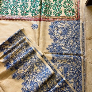 Handpainted Madhubani Tussar Silk Saree: Indigo Fish Design