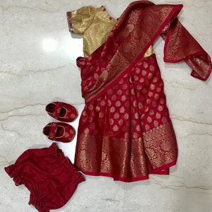 Girls Ready to wear saree with blouse , booties and mukut for rice ceremony / Annaprashan / wedding / Festivals