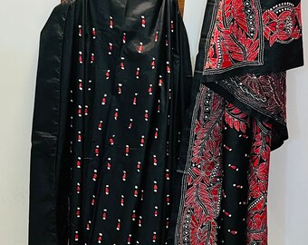 Handborduurwerk Kantha Saree op pure Bangalore Silk-sari