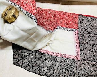 Hand block printed Silk mark certified red border white Bishnupur katan  Silk Saree