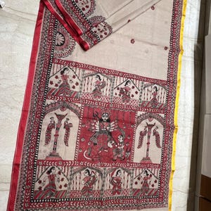 Hand-Painted Madhubani Dhonekhali Cotton Saree: Ganga Yamuna Border