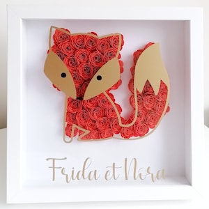 Cornice volpe con fiori di carta personalizzati | cornice del nome della cameretta dei bambini | regalo di nascita, compleanno, bambino personalizzato
