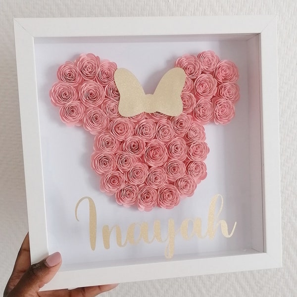 Cadre fleurs en papier minnie | Cadeau naissance fille, anniversaire, babyshower personnalisé |  Décoration chambre fille