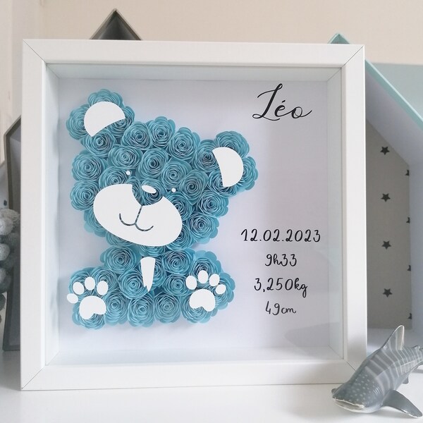 Personalized bear paper flower frame | Personalized birth, birthday, baby girl boy gift | Birth statistics frame