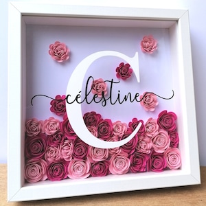 Flores de papel com moldura 3D personalizadas | Presente de nascimento de menina, aniversário, chá de bebê personalizado | Decoração de quarto infantil para meninas