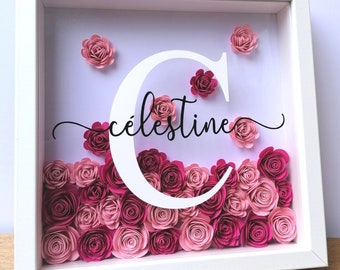 Custom 3D frame paper flowers | Girl birth gift, birthday, personalized babyshower | Girl child bedroom decoration