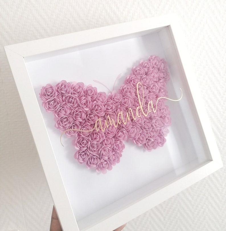 Butterfly paper flower frame Personalized gift for little girl, birth, birthday Girls bedroom decoration Magical decor image 2