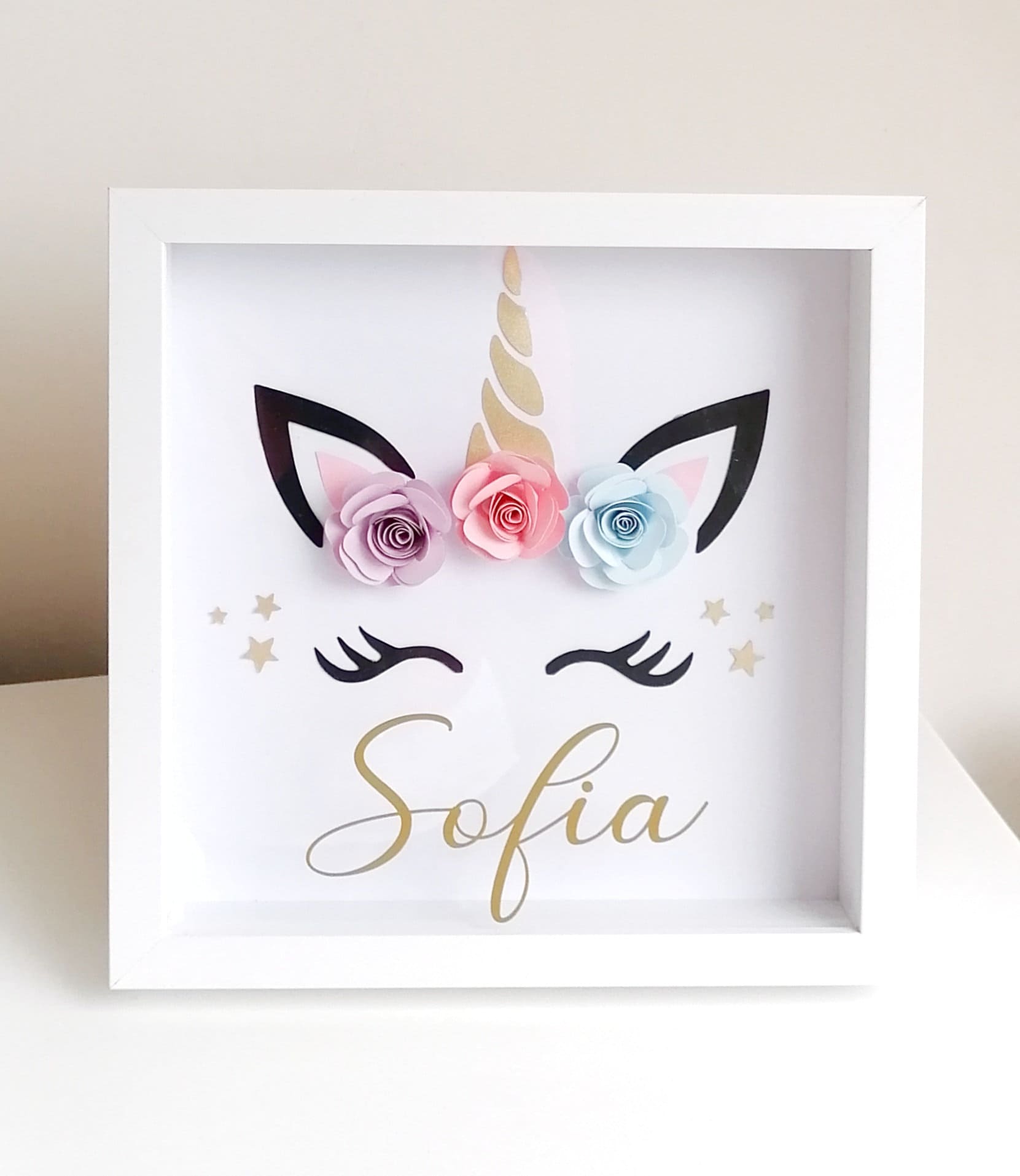 Cadre Licorne avec Prénom , Cadre Personnalisé, Décoration Murale Chambre Enfant, Cadeau Fleurs, Nai