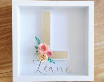 3D letter frame with flowers and personalized first name | Birth gift, birthday, personalized baby shower | Girl bedroom decoration