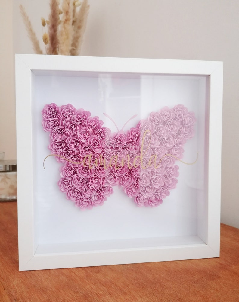 Butterfly paper flower frame Personalized gift for little girl, birth, birthday Girls bedroom decoration Magical decor image 1
