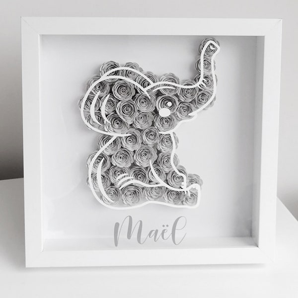 Cadre éléphant fleurs en papier personnalisé | Décoration chambre bébé personnalisé | Cadeau de naissance, anniversaire personnalisé