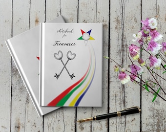 May include: Two white notebooks with a colorful rainbow design and a five-pointed star with a pentagon in the center. The notebook on top has the text "Notebook for Treasurer" and a pair of crossed keys with heart-shaped handles.