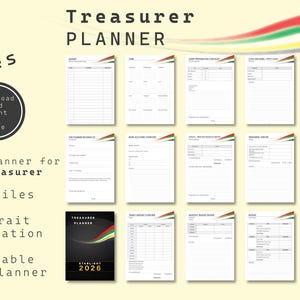 May include: A printable 2026 Treasurer Planner with 48 pages, designed for OES Treasurers. The planner includes various forms and reports in a portrait orientation. The cover is black with the text "Treasurer Planner" and "Starlight 2026".