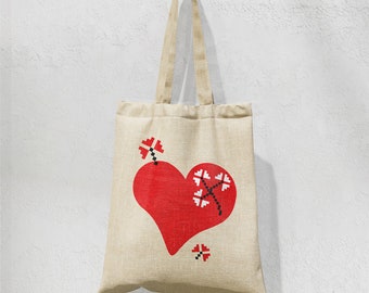 Heart and flowers - Traditional Romanian Cotton Canvas Tote Bag | Shopping Bag | Book Lover Gift