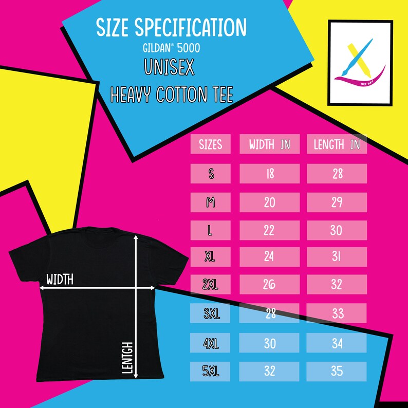 K&ouml;nnte beinhalten: Gr&ouml;&szlig;entabelle f&uuml;r ein Unisex Gildan 5000 Heavy Cotton T-Shirt. Die Tabelle zeigt die Breite und L&auml;nge in Zoll f&uuml;r die Gr&ouml;&szlig;en S bis 5XL.