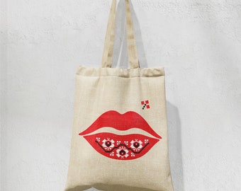 Red Lips - Traditional Romanian Cotton Canvas Tote Bag | Shopping Bag |  Book Lover Gift