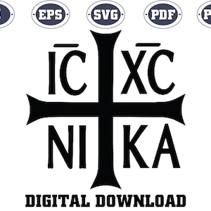 May include: Black and white graphic of a cross with the text "IC XC NIKA" in a stylised font.