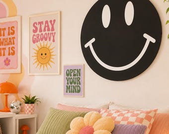 Retro Smiley Face Sign: Groovy Black and White Decor