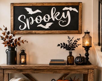 Handcrafted Spooky Halloween Wood Sign | Rustic Bat Wall Decor