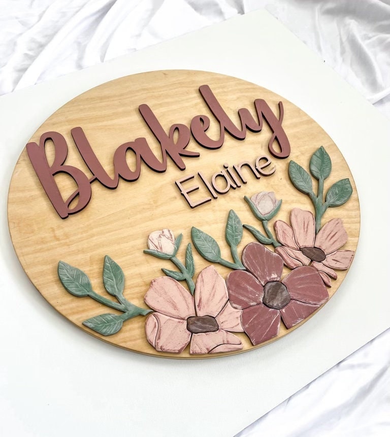 Floral Nursery Name Sign | Round 3D Wood, Baby Shower Decor - Etsy