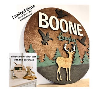 Custom nursery name sign w/free baby stat | Woodland deer Nursery Sign | Baby decor name sign | Farmhouse woodland nursery name sign | Deer
