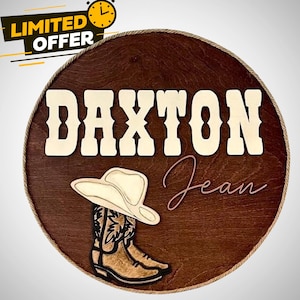 Cowboy Name Sign | Western Roped Name Round | Rustic Nursery Decor | Personalized Baby Gift | 3D Boots Wall Sign | Western Theme Room Sign