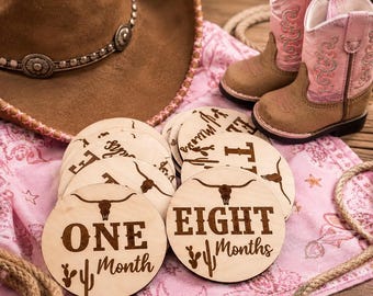 Engraved Wood Western Baby Milestone Discs: Photo Props