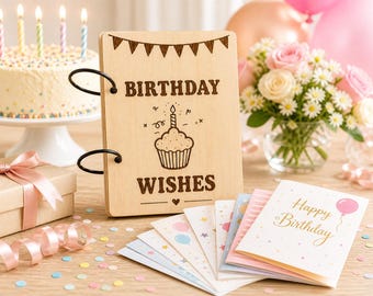 Álbum de Cartões de Aniversário Personalizado em Madeira: Porta-Cartões com 2 Argolas Gravadas
