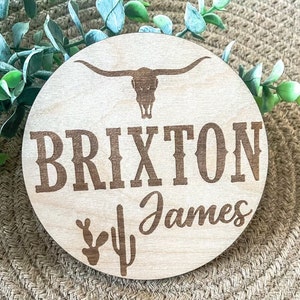 Western Newborn Name Tag: Engraved Wood Baby Announcement
