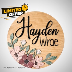 Floral Hand painted nursery sign | Floral nursery name sign  | Floral layered personalized  Name sign | Flowers nursery name wooden rounded