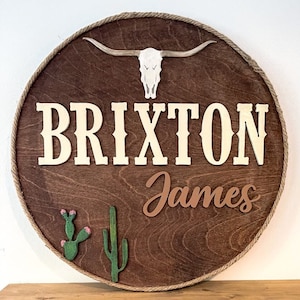 Cow boy decor | Rope name sign| Skull name sign | Cow Skull name sign| Nursery name sign|Western nursery name3D| Longhorn name|Wood round 3D