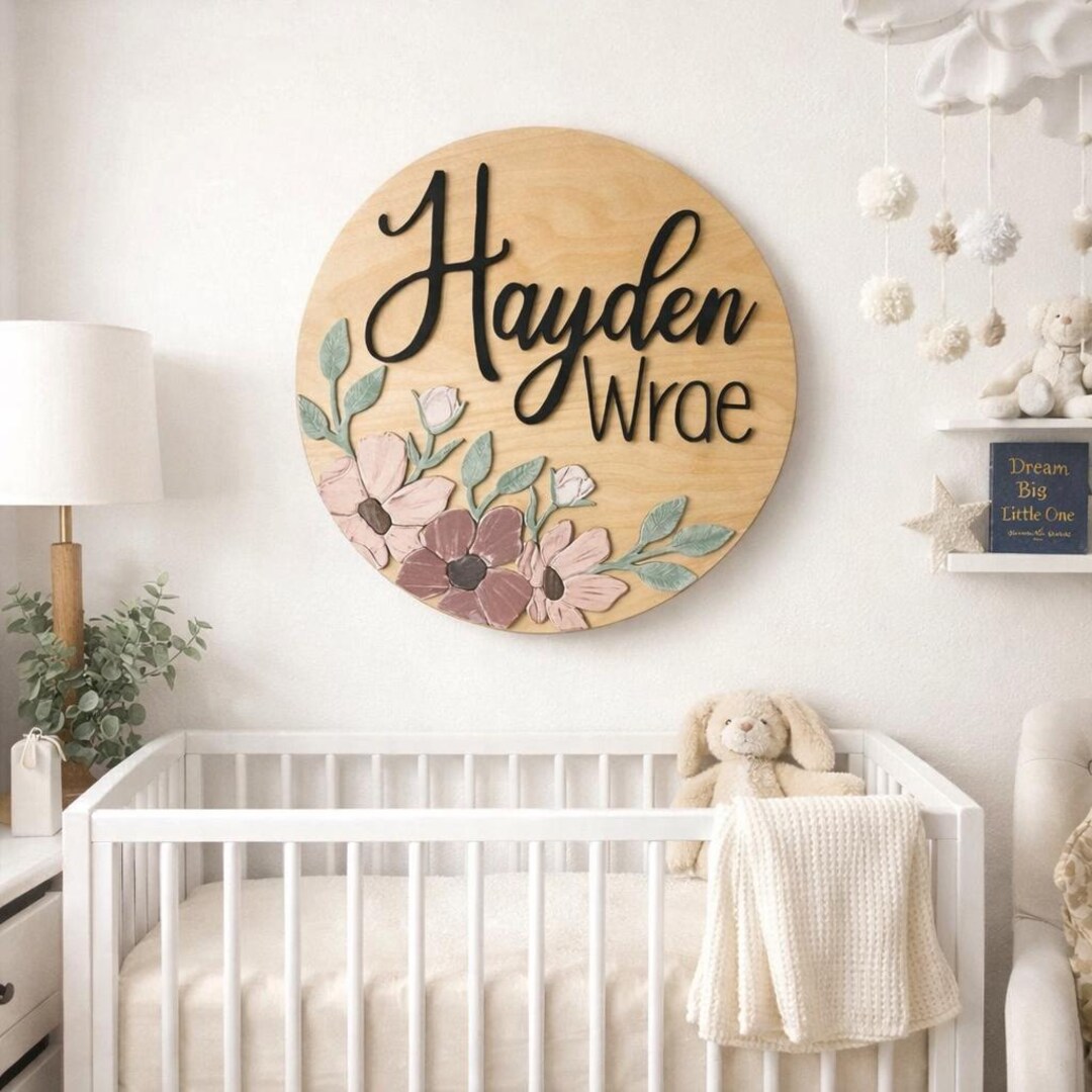 Floral Nursery Name Sign | 3D Wood, Hand-painted - Etsy