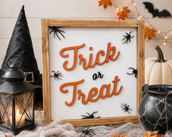 Handcrafted Farmhouse Trick or Treat Sign | Rustic Wood Frame Halloween Decor