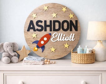 3D Spaceship Nursery Name Sign | Gray Stained Wood, Outer Space Decor