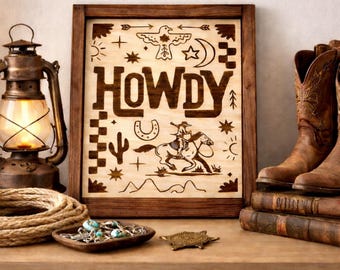 Placa rústica de madeira "Howdy": decoração de parede de cowboy gravada a laser