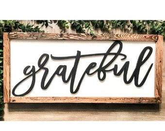 Grateful farmhouse wood| Grateful script sign|Thanksgiving decor sign|Thanksgiving sign 3D fall|Fall sign framed 3D|Dining room decor sgn 3d